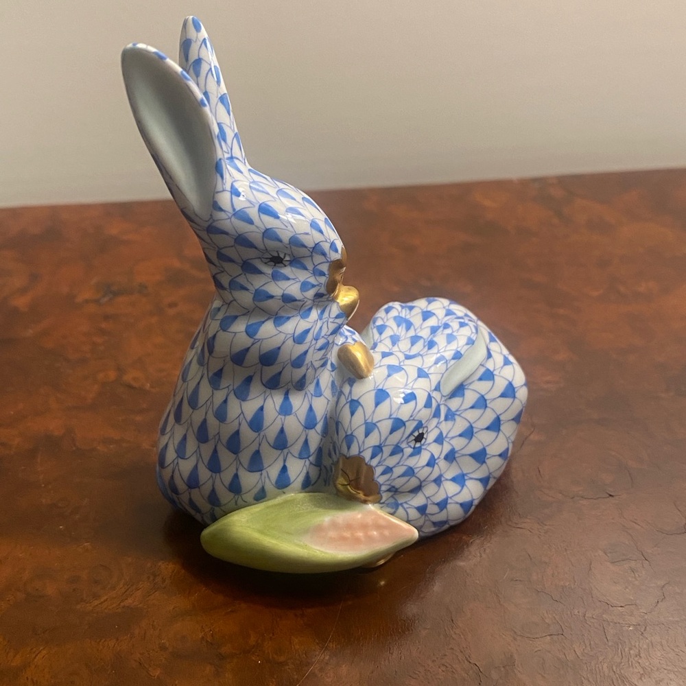 Herend Blue and Gold Bunny Pair with Corn Figurine